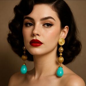 Marcy Feld Vintage Etruscan Statement Earrings Gold Aqua Lucite Drop Clip-On 80s